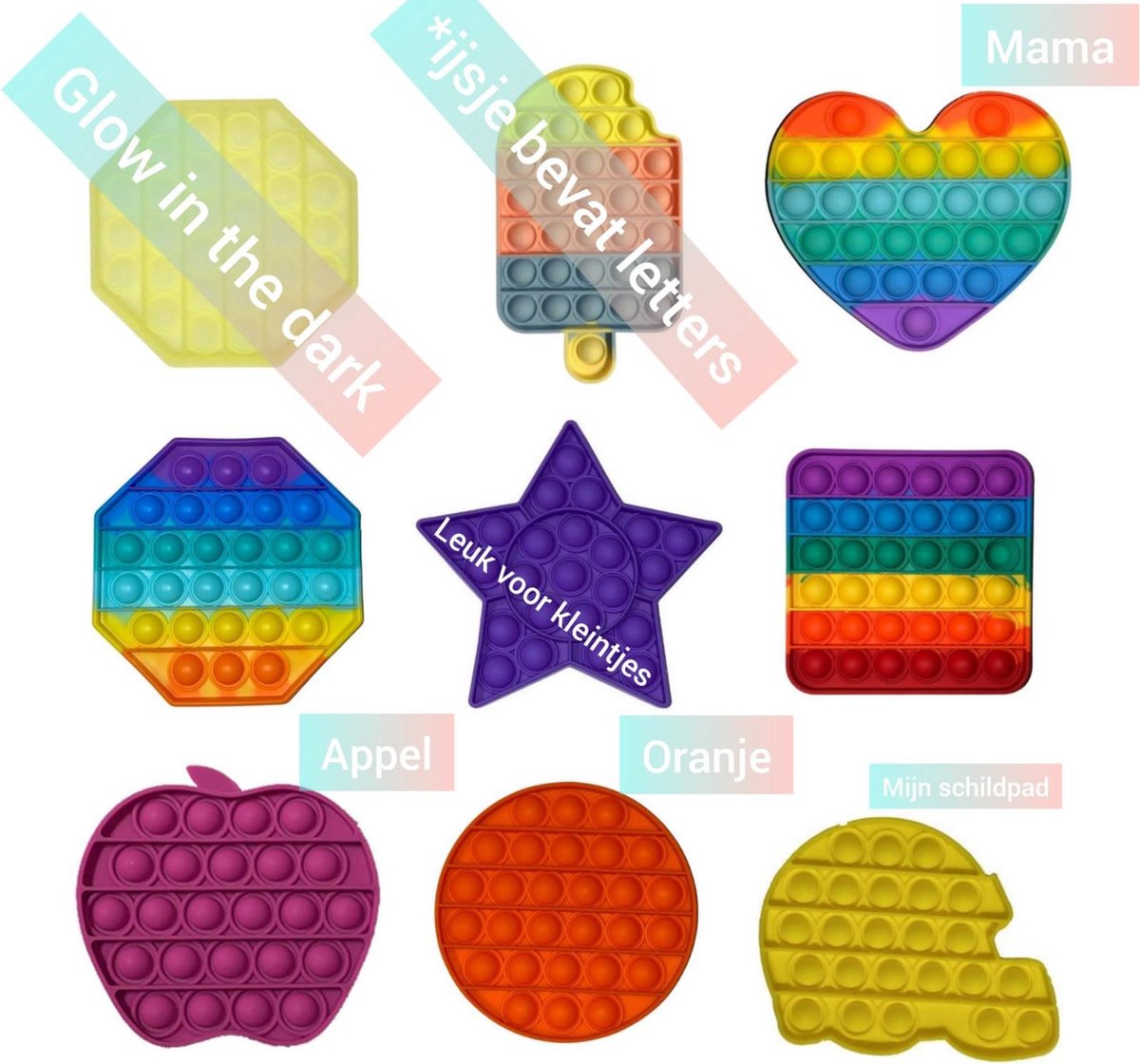 Fidget toys | Pakket van 9 stuks | Achthoek glow in the dark + Multi ijsje *ijsje bevat letters en cijfers* + Regenboog hart & Achthoek & Vierkant + Ster paars + Appel paars + Rond oranje + Schildpad geel | Leuk pakketje voor kleintjes